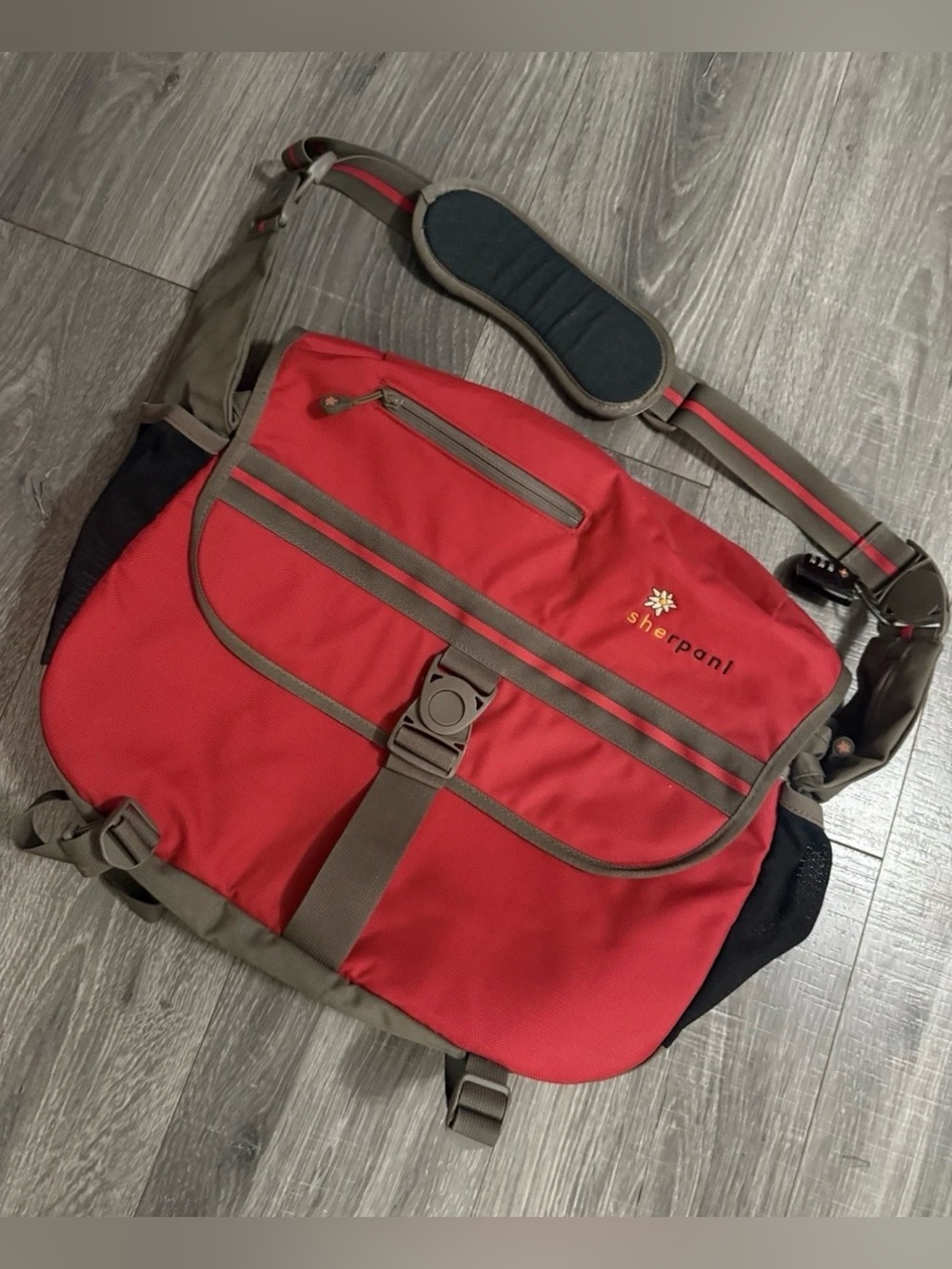 Sherpani Red Messenger Bag with Taupe Accents